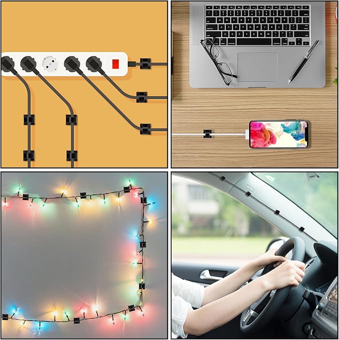 100 Pcs Cable Clips, Adhesive Cable Organizer Cord Holder Wire Clip Wire Management Self Adhesive Hooks Wire Holder for Office, Home (Black) - Image 6