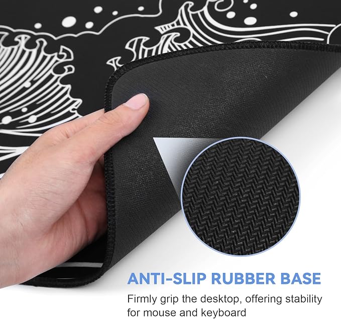 DIGSOM Gaming Mouse Pad Black and White Sea Wave Pattern, 31.5 x 11.8in | XL Mouse mat, Smooth surface, Anti-slip rubber base, For keyboard and mouse, For home and office use - Image 6