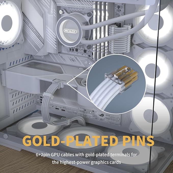 Sirlyr PSU Cable Extension Kit,One Way Bend Design PC Cables - Bright White Braided 1x 24Pin ATX / 2X 8 (4+4) Pin EPS/Gold-Plated 2X 8 (6+2) Pin PCIE for Power Supply,16AWG 5 Kits - Image 4