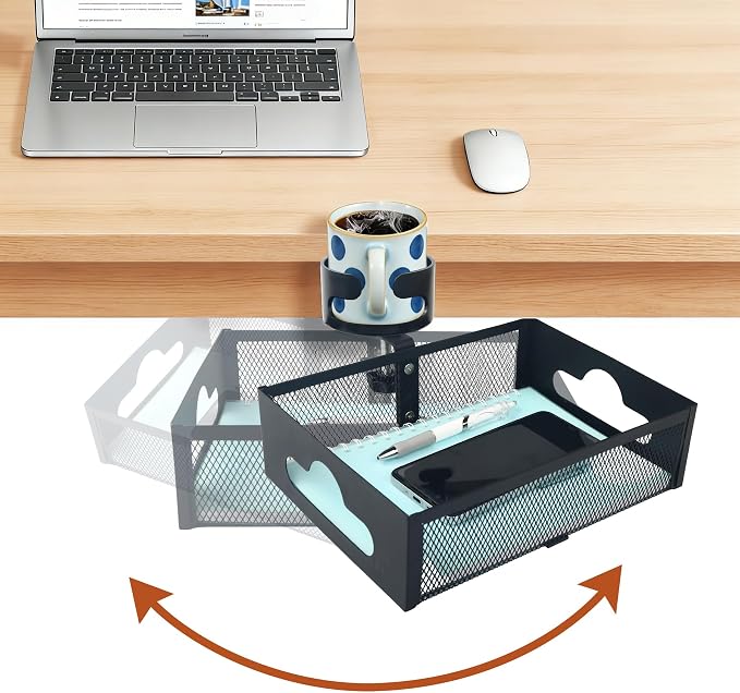 Under Desk Organizer 360° Swivel with Cup Holder,Holds Up to 7lbs by GrnPeak