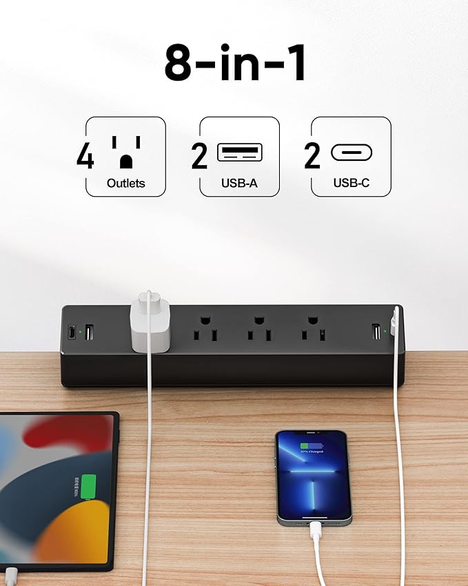 Desk Clamp Power Strip, Flat Plug Fast Charging Station, Desk Mount Surge Protector with PD 20W USB C Ports, Fit 1.7 inch Tabletop Edge Thick, Desktop Outlets for Home Office. (Pack of 2) - Image 2