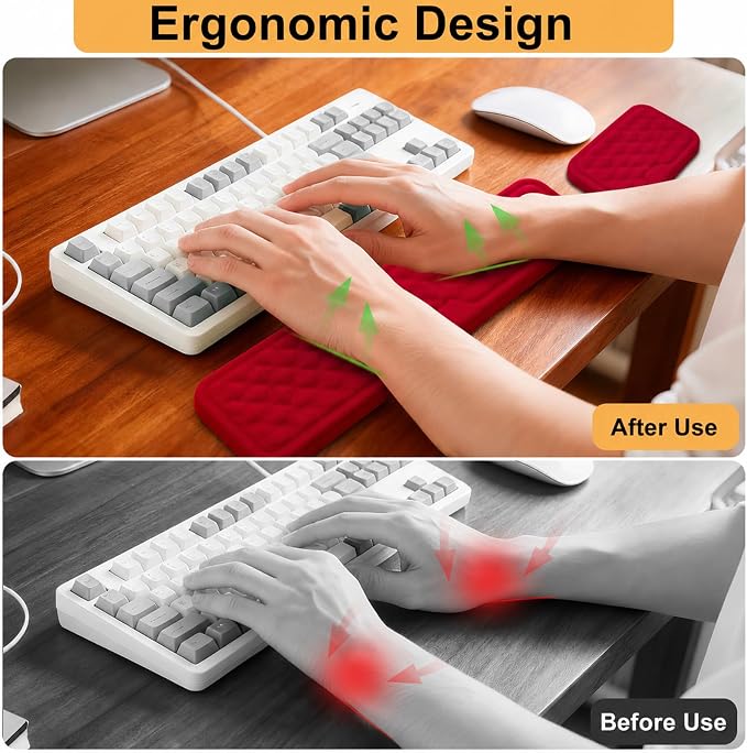 Keyboard Wrist Rest Mouse Wrist Support, Memory Foam Wrist Rest Pad for Computer Laptop, Ergonomic Wrist Cushion Support for Typing Pain Relief, Gaming Home Office, Red - Image 2