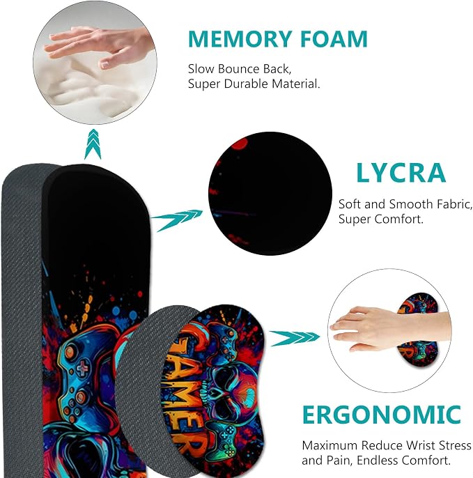 AIMSA Large Gaming Mouse Pad Set, Keyboard Wrist Rest Support + Extended Mouse Pad + Mouse Wrist Cushion + Coaster, Skull Gamer Ergonomic Memory Foam Multifunctional Desk Mat 35x15.7inch - Image 5