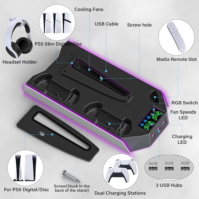 PS5 / PS5 Slim Cooling Station Stand LED with Dual Controller Charging Station for PlayStation 5 Console, PS 5 Accessories Incl. Controller Charger, Cooling Fan, Headset Holder, 3 USB Hub-White&Black - Image 6