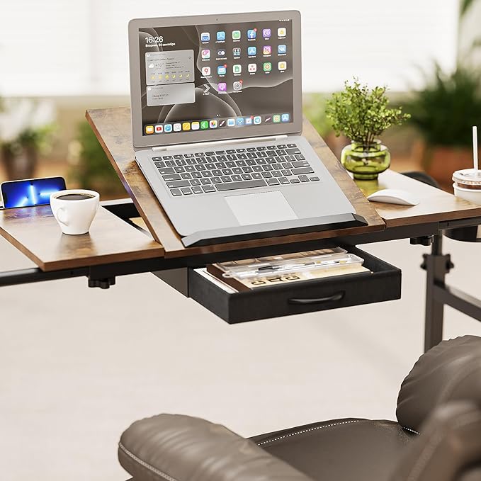GiftGo Overbed Table with Wheels Rolling Laptop Desk Cart Table for Recliner Over Chair Adjustable for Hospital and Home Use Over The Bed Table with Storage Drawer and Cup Holder (Rustic Brown) - Image 4