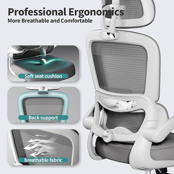 TRALT Office Chair Ergonomic Desk Chair - Gaming Chair with Lumbar Support (5, White) | 330 LBS Home Office Desk Chairs with Headrest, Reading Chair with Flip-up Armrests, Comfortable Computer Chairs (5, White) - Image 4