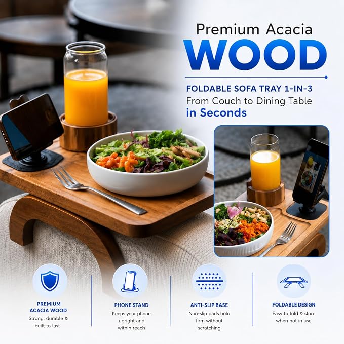 Couch Armrest Table with Cup Holder (15.31" x 9.65") - Acacia Sofa Arm Tray Organizer with Magnetic & 360° Rotating Phone Holder - Fits Couch Arm for Drinks, Snacks & Remote Control - Image 8