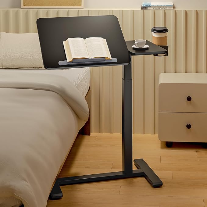 Overbed Bedside Table with Wheels, Pneumatic Adjustable Medical Tilt Top Hospital Bed Table Over The Bed, Rolling Laptop Desk, Mobile Standing Desk for Hospital and Home Use, Black by Unknown