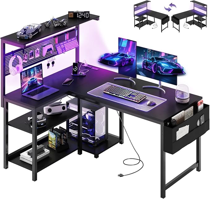 47in L Shaped Gaming Desk with Pegboard & Shelf & Storage Bag, Black | LED Light, Power Outlet, Reversible Gaming Table, Escritorio Gamer, Corner Computer Desk for Small Space Storage, Home Office by APICIZON