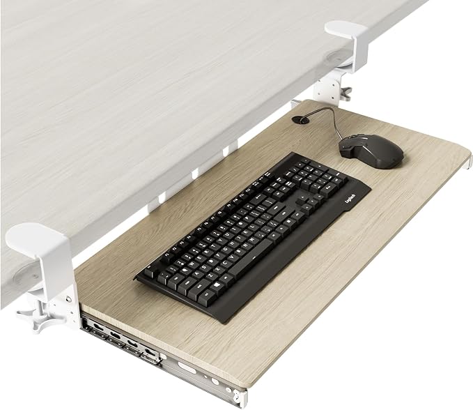 AX WABER Keyboard Tray Under Desk Pull Out with Extra Sturdy C Clamp Mount System, 27.3 (32.5 inch Including Clamps) x 11 Inch Slide-Out Platform Computer Drawer for Typing Grain by 1