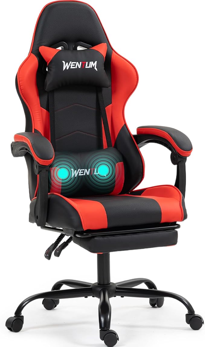 Gaming Chair with Footrest for Adults, PU Leather Massage Racing Video Game Chair w/Lumbar Support for Men Women, Ergonomic Computer Gamer Chair for Home Office, Height Adjustable, Red by WENTUM