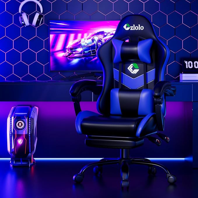 Czlolo Gaming Chair with Footrest Racing Style Lumbar Support Massager Video Game Chair with Metal Legs, High Back Gamer Chair with Headrest, 360° Swivel Office Computer Desk Chair, Navy Blue - Image 9