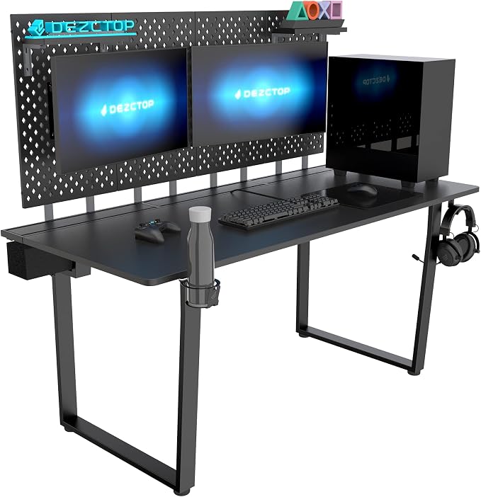 Dezctop Bifrost 160 63W x 28D Gaming PC Computer Desk with Shelves, Large Workstation for Gamers or Home Office with Pegboard, Built-in Cable Management, Stainless Steel Frame (Black) - Image 3