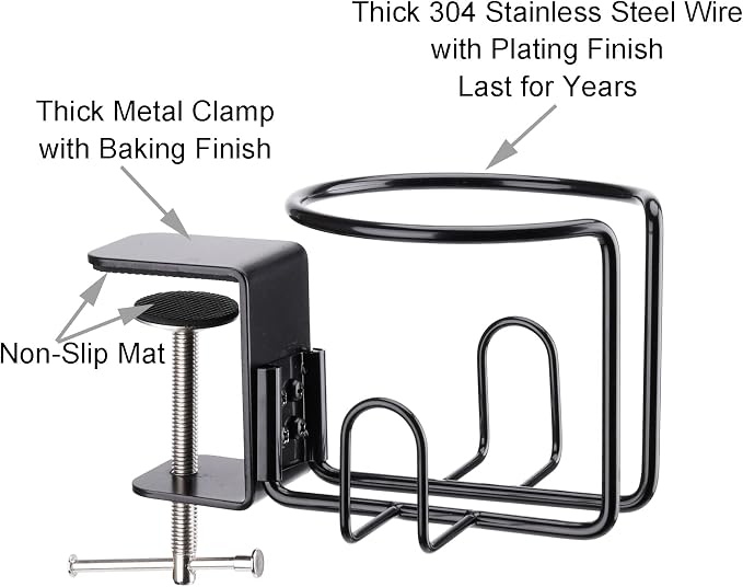 Large Desk Cup Holder, Clip On Table Cup Holder, Anti-Spill Drink Holder for Lawn Chair, Horizontal or Vertical Mount, Pack of 1, Black - Image 6