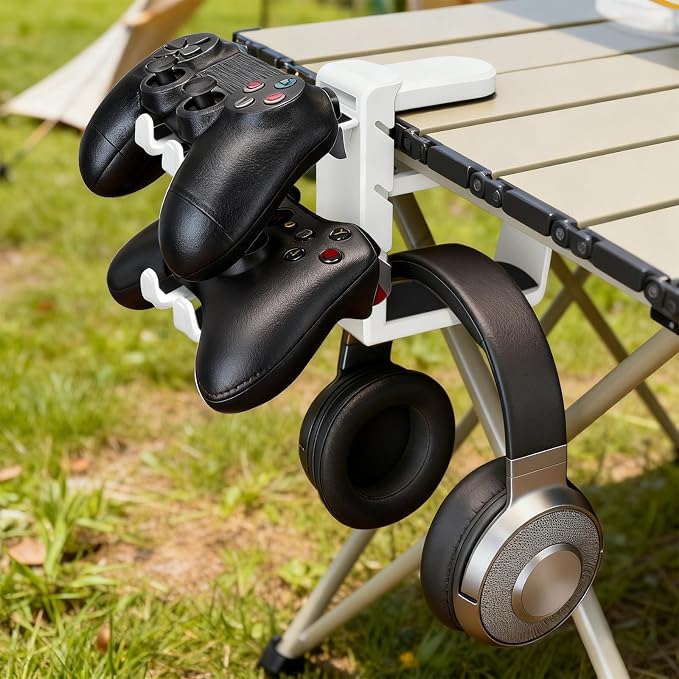 Rotatable Under Desk Headphone Hanger with 2 Controller Slots - 3-in-1 Gaming Accessory with Adjustable Clamp & Cable Organizer,for Home Gaming Xbox ps5 -White - Image 6