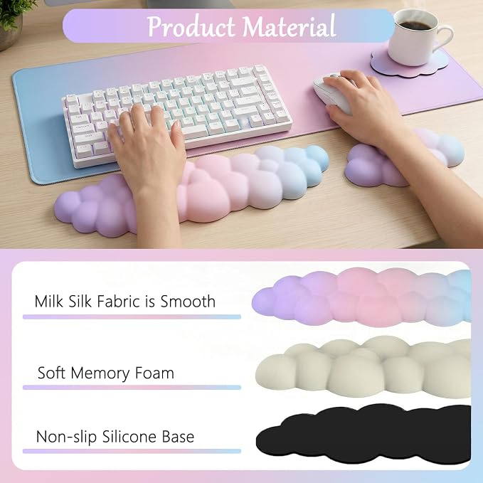 Cloud Mouse Pad Keyboard Wrist Rest 4PCS Extended Large Pink Sky Desk Mat Pad Set Memory Foam Non-Slip Cute Ergonomic Gaming Mouse Pad Wrist Support for Computer Laptop Home Office Pink Purple - Image 2
