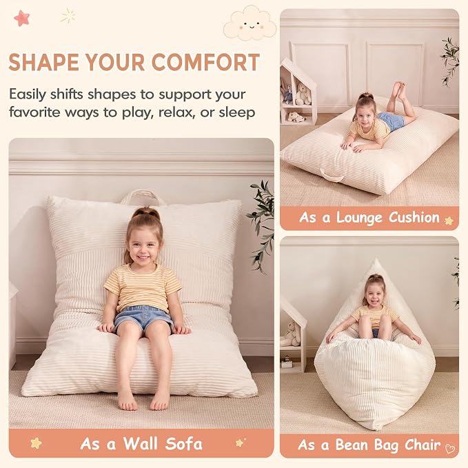 HUGHEAVEN Comfy 3-in-1 Kids Bean Bag Chair, Removable Cover Floor Chair | Convertible chair folds from bean bag to lounger. High-density foam floor couch & sofa, perfect for gaming or reading nook. - Image 3