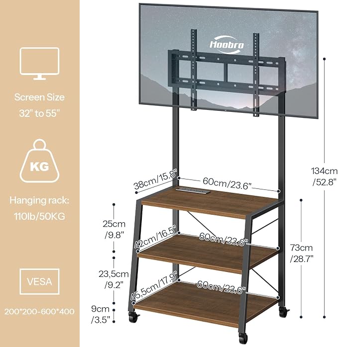 HOOBRO Rolling TV Stand with Mount and Power Outlet Up to 55 inch TV, Corner Entertainment Center, Small TV Stand with 3-Tier Storage Shelves for Living Room, Bedroom, Black and Walnut BH66UDS01 - Image 3