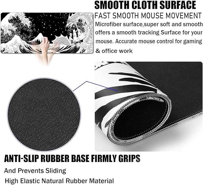 Large Gaming Mouse Pad, Waterproof Extra Large Big Mouse Pad with Stitched Edge, XXXL Non-Slip Black Computer Long Mousepad for Gamer, Office & Home, Black White Dragon - Image 3