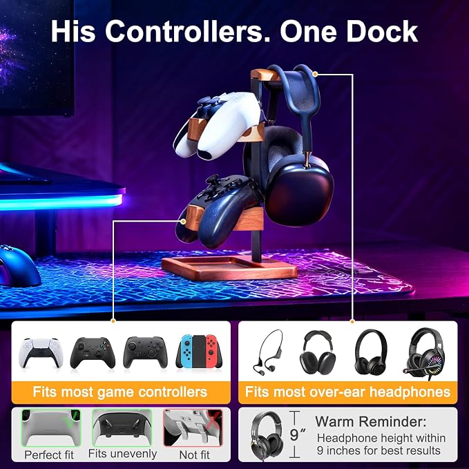 Solid Wood Controller Holder and Headphone Stand, Controller Stand for Desk | Dual Gaming Controller Organizer Rack, Fits Xbox, PS4, PS5, Gamepad, Headset Holder for Son, Husband, Boyfriend - Image 4