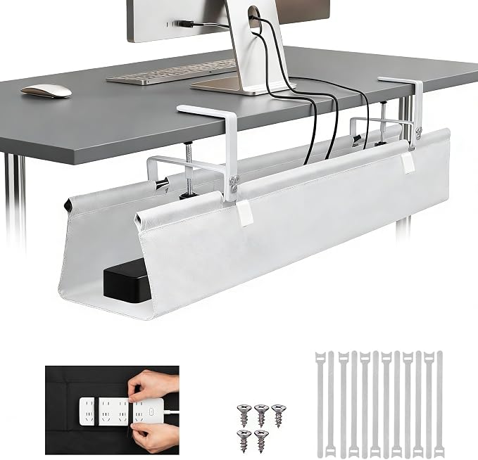 Oxford Cloth Under Desk Cable Management Tray,No-Drill 48" Desk Cable Management Organizer with Clip/Screw Installation,Fabric Cable Management for Home,Office & Gaming Computer(White) by Atrastout