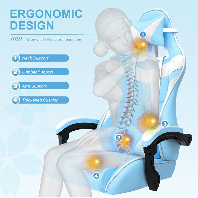 Soontrans Light Blue Gaming Chair with Footrest,Lovely Cute Bunny Computer Gamer Chair,Kawaii Desk Chair for Granddaughter,Sister,Girlfriend,Wife and Love - Image 7