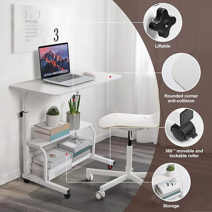 Adjustable Height Mobile Computer Desk with Wheels White 31.5X15.7 Inches - Image 4