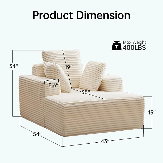 Boneless Chaise Lounge Chair, 54" Oversized Cloud Couch Sofa with Deep Seat, Plush Corduroy Reading Chair for Living Room, Bedroom, Reading Nook, Apartment, Gaming Room & Movie Nights, Beige - Image 2