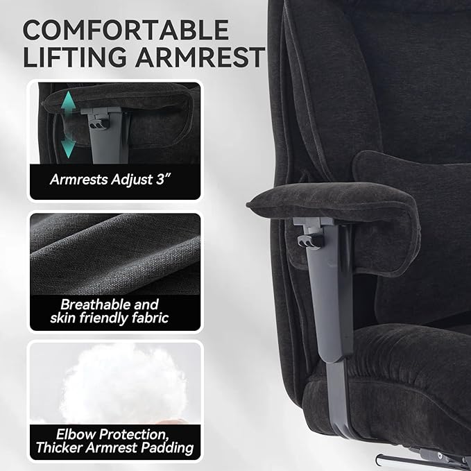 Efomao Executive Office Chair 400lbs, Black Fabric Big and Tall Desk Chair | Breathable fabric, pocket spring & foam seat, retractable footrest, 135° recline for computer gaming setup - Image 5