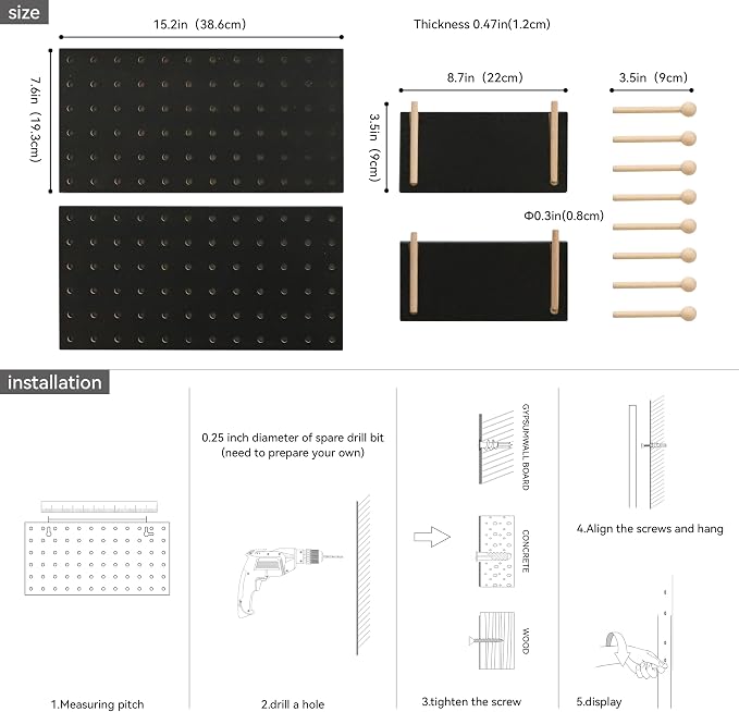 Wooden Pegboard Accessories Set: Modular Wall Hooks & Shelf for Garage, Office & Home Organization(Black Colored Finish-B) - Image 4