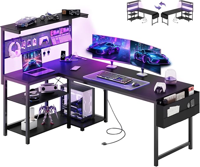 55in L Shaped Gaming Desk with Pegboard & Shelf & Storage Bag, Black | LED Light, Power Outlet, Reversible Gaming Table, Escritorio Gamer, Corner Computer Desk for Small Space Storage, Home Office by APICIZON