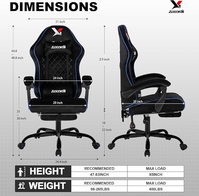Velvet Gaming Chair, Ergonomic High Back Racing Chair with Footrest, Spring Wide Cushion, Adjustable Headrest & Lumbar Support, 90-135° Recline, 360° Swivel, 300lbs for Home Office, Blue - Image 3