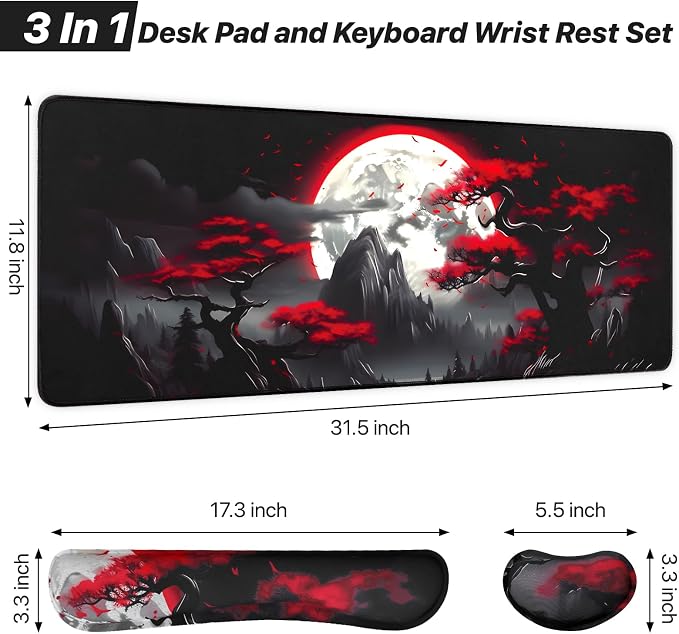 3-in-1 Large Gaming Mouse Pad Set, Anime Mouse Pad & Keyboard Wrist Rest, Memory Foam Ergonomic, Mountain Moon Scenery XL Desk Mat Set Suitable for Home Office,31.5 X 11.8 Inch - Image 2