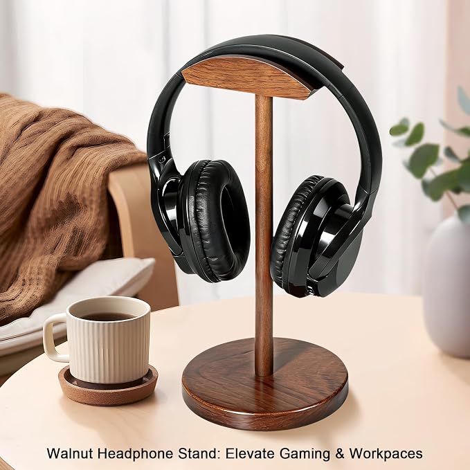 Walnut Wood Headphone Stand for Desk, Heavy Duty Wooden Headset Stand, Wide Compatibility Gaming Headset Hanger Holder, Stylish Desk Accessories for Home & Office - Image 3
