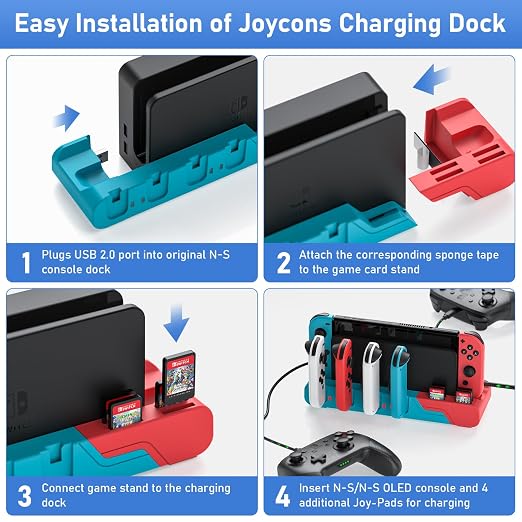 Switch Game Storage with Controller Charger for Nintendo Switch & OLED Model, Switch Charging Dock Charges 6 Joycons, Switch Gaming Accessories Holder Desk, Switch Game Gift Card Organizer (Red＆Blue) - Image 7