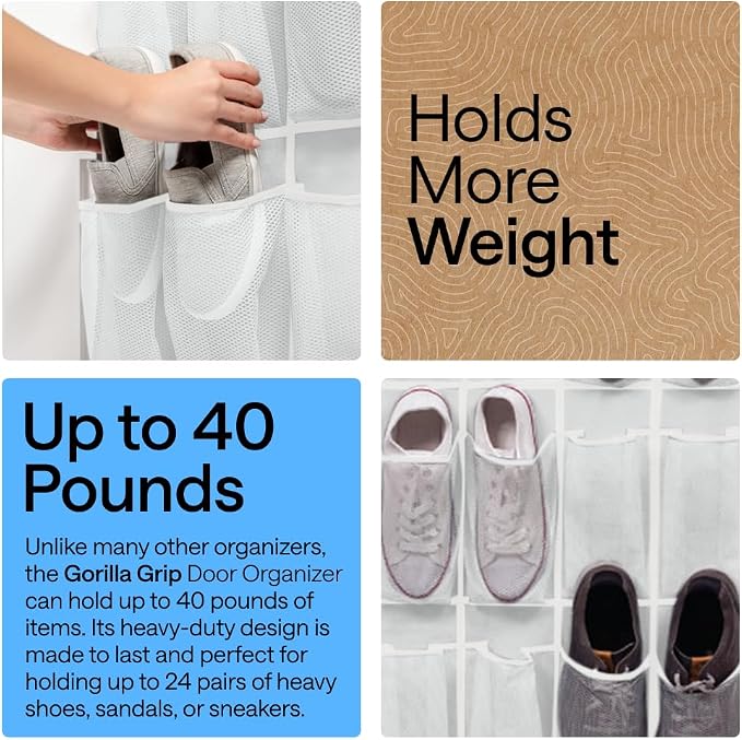 GORILLA GRIP Over the Door Shoe Organizer, 24 Large Pockets, White - Image 3