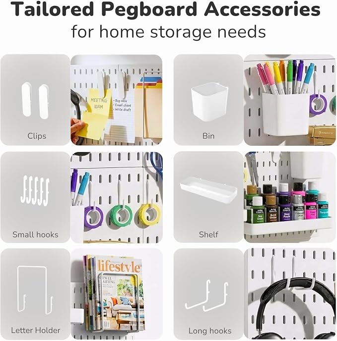 Keepo Peg Board Wall Organizer – Plastic Pegboard Panels, Modular Peg Board Storage System For Home Office, Craft Room, Gaming Setup (White, 22″×22″) - Image 4