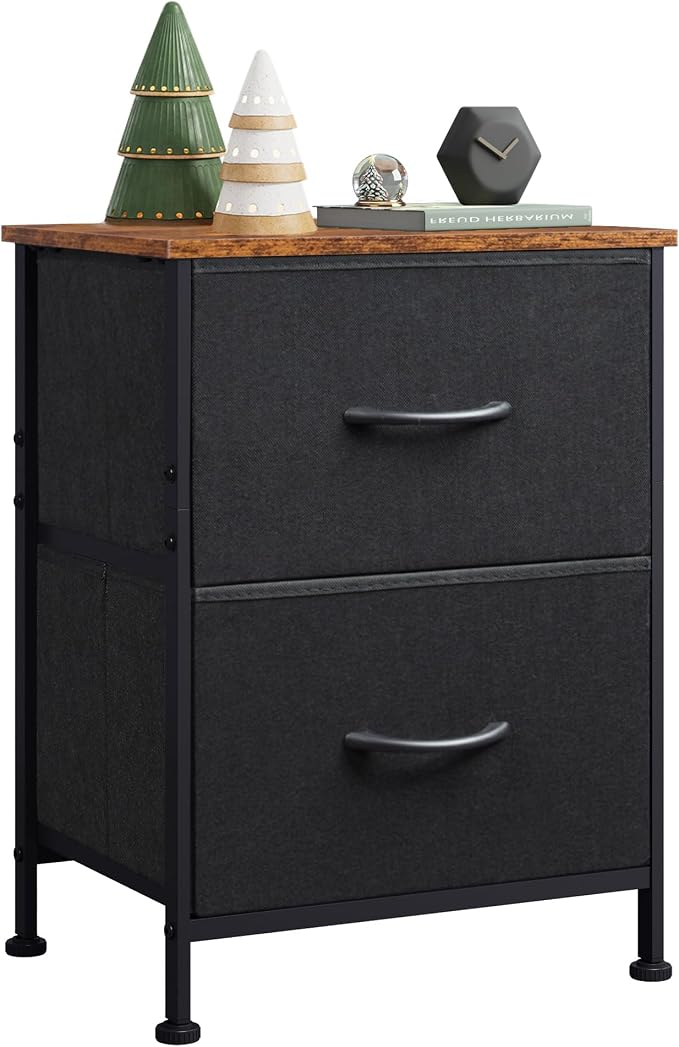 WLIVE Nightstand, 2 Drawer Dresser for Bedroom, Small Dresser with 2 Drawers, Bedside Furniture, Night Stand, End Table with Fabric Bins for Bedroom, Closet, Entryway, Black and Rustic Brown by WLIVE