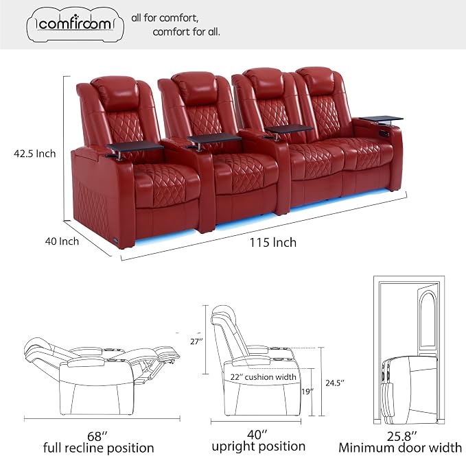 comfiroom Top-Grain Leather Home Theater Seating, Dual-Motor Power Recliner - Image 2