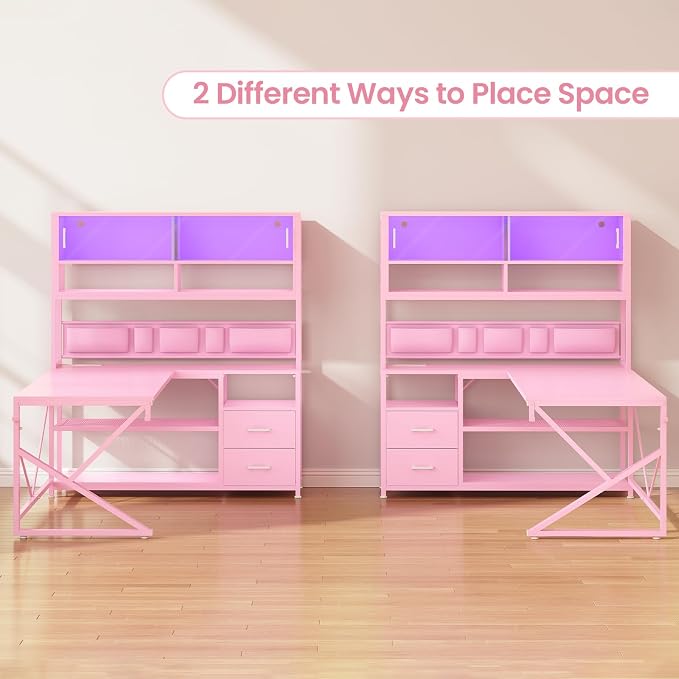 SEDETA L Shaped Gaming Desk with Storage Shelves, 2 Drawer, LED Light - Image 3