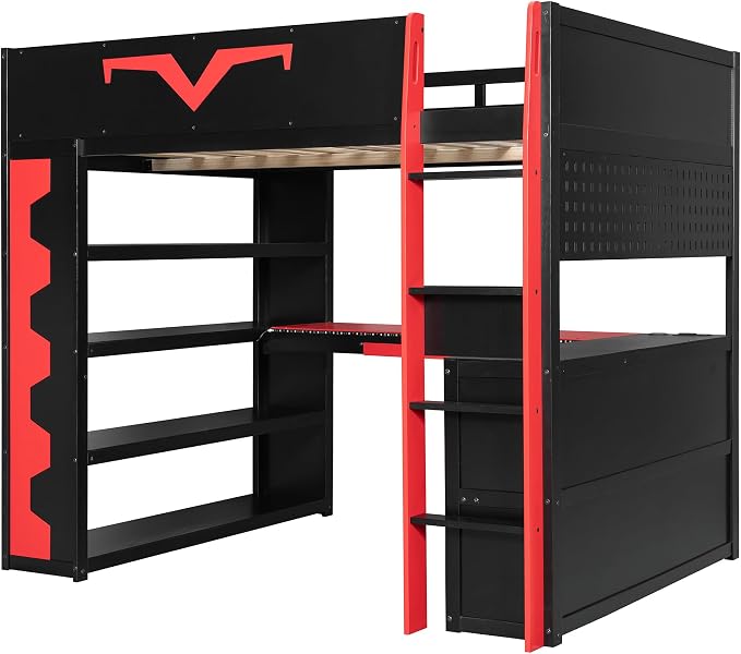 Merax Full Size Gaming Loft Bed with Desk and RGB LED Lights, Pro-Gamer Bed with Power Outlet, Large Bookshelf, Pegboard, Keyboard Tray & Drawer, Red - Image 7