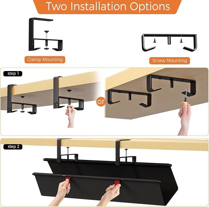 Under Desk Cable Management Tray, 28" Fabric Wire Cord Organizer, Black - Image 7
