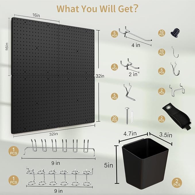 FZK Modular Plastic Peg Board Wall Organizer Kit, 16x16, Black | Features 33 storage accessories, heavy duty 200 pounds capacity, suitable for garage workshop, craft room and office wall - Image 2