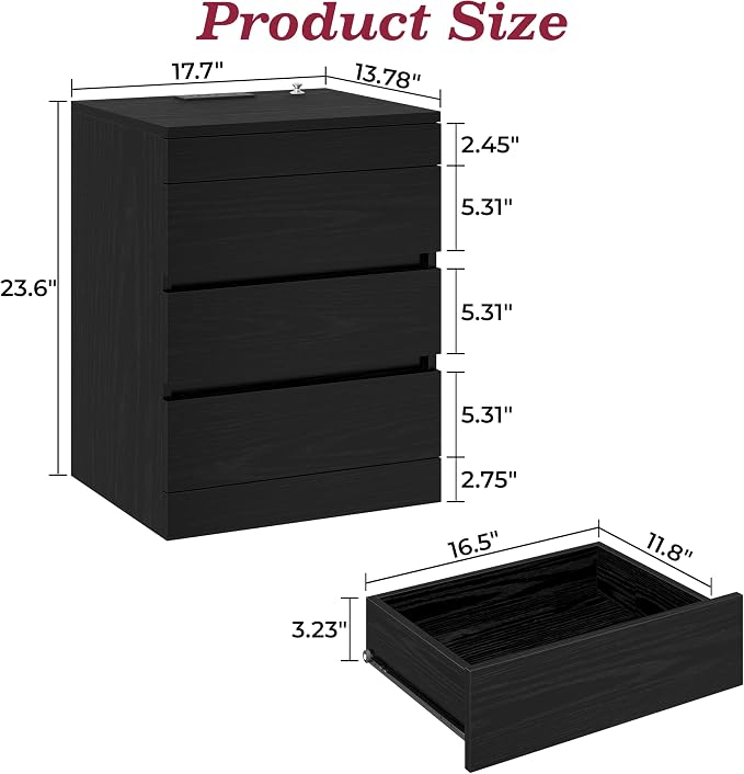 Nightstand with Hidden Lock Gun Drawer, 4 Drawers Night Stand with Charging Station, Modern Night Stand for Bedroom, Office, Black - Image 2