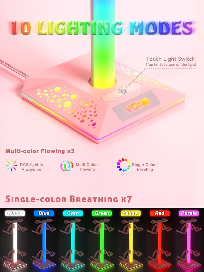 VCOM RGB Gaming Headphones Stand with 2 USB Ports, Pink Headset Stand with 10 Light Modes and Non-Slip Rubber, Suitable for PC Desk Accessories Gamers Gift(Pink) - Image 2
