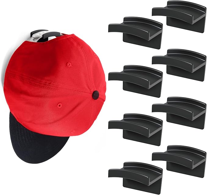 Modern JP Adhesive Hat Hooks for Wall (8-Pack) - Minimalist Hat Rack Design, No Drilling, Strong Hold Hat Hangers - USA Patented, Black by ModernJP