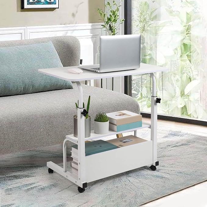 Adjustable Height Mobile Computer Desk with Wheels White 31.5X15.7 Inches - Image 6