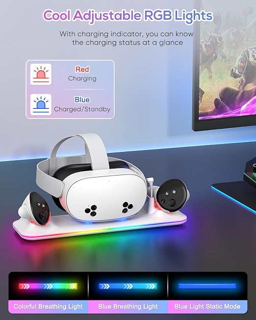 Charging Dock for Meta Quest 3S/3, Kinwin Magnetic Charging Station for Oculus Quest 3S/3 Accessories with RGB Light, Charging Stand for VR Headset & Controller with 2 Rechargeable Batteries (White) - Image 5