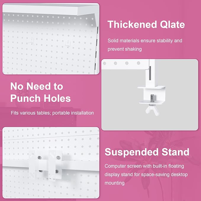 Clamp-On Metal Desk Pegboard with Dual Monitor Stand–No Drilling Needed! 59x35 Inch Steel Privacy Panel with Hooks & Movable Partition, Peg Board Wall Organizer for Gaming & Office - Image 4