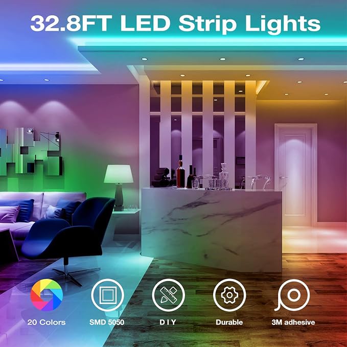 DAYBETTER Led Strip Lights 32.8ft Kit with Remote and Power Supply Color Changing (Pack of 2) - Image 2